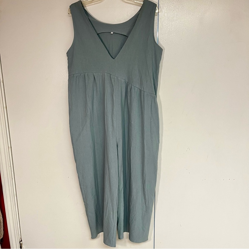Loose fitting dusty sage cropped jumpsuit, size medium